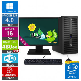 PC HP EliteDesk 800 G2 TWR i7-6700 4GHz 16Go/480Go SSD Wifi W10 + Ecran 24