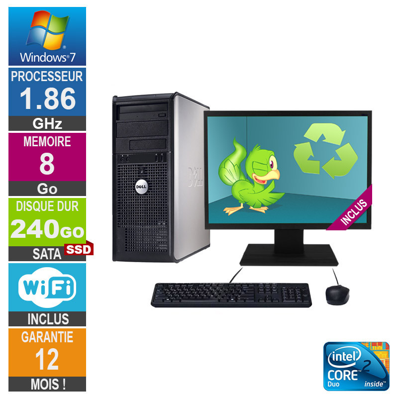 PC Dell Optiplex 780 Core 2 Duo E6300 2.80GHz 8GB/240GB SSD Wifi W7 + Ecran 22 PC Dell Optiplex 780 Core 2 Duo E6300...
