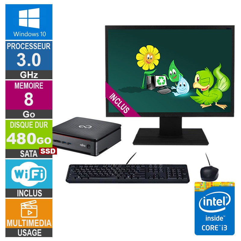 Mini PC Fujitsu Esprimo Q920 i3-4150T 3GHz 8Go/480Go SSD Wifi W10 + Ecran 24 Mini PC Fujitsu Esprimo Q920 i3-4150T...