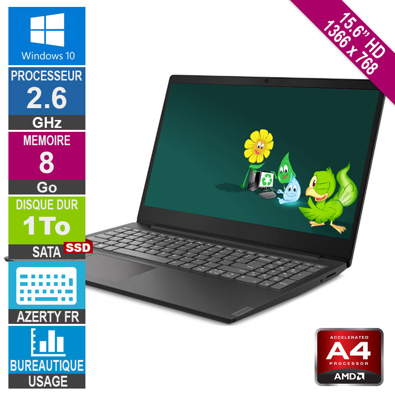Laptop 15.6" Lenovo V145-15AST A4-9125 2.6GHz 8GB/1TB SSD HD W10 AZERTY Laptop 15.6" Lenovo V145-15AST...