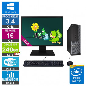 PC Dell Optiplex 3020 SFF i3-4130 3.40GHz 16Go/240Go SSD Wifi W10 + Ecran 19