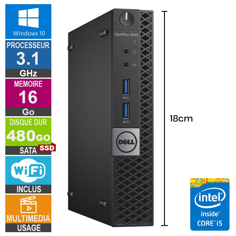 PC Dell 3040 Micro i5-6500T 3.10GHz 16Go/480Go SSD Wifi W10 PC Dell 3040 Micro i5-6500T 3.10GHz...