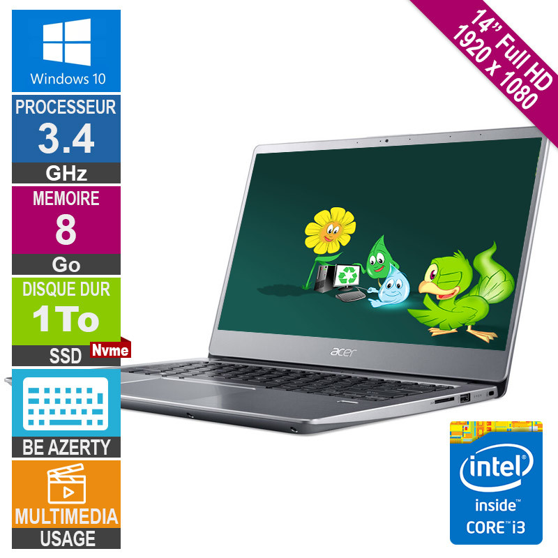 ACER 14" SF314-54 Core i3 3.4GHz 8Go/1To SSD NVME FHD W10 AZERTY BE ACER 14" SF314-54 Core i3 3.4GHz...