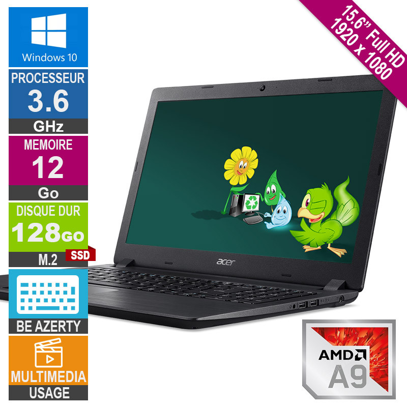 ACER 15.6" A315-21 A9-9420 3.6GHz 12Go/128Go SSD FHD W10 AZERTY BE ACER 15.6" A315-21 A9-9420 3.6GHz...