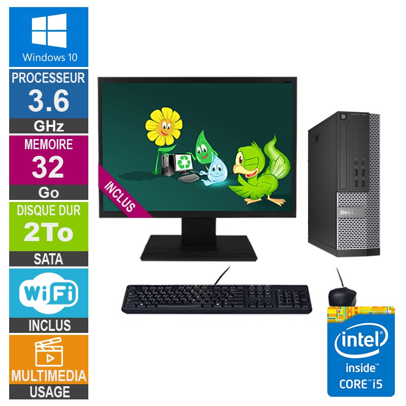 PC Dell 7020 SFF i5-4570 3.60GHz 32Go/2To Wifi W10 + Ecran 24 PC Dell 7020 SFF i5-4570 3.60GHz...