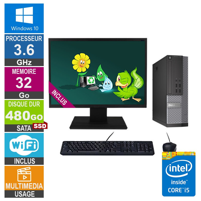 PC Dell 7020 SFF i5-4570 3.60GHz 32Go/480Go SSD Wifi W10 + Ecran 24 PC Dell 7020 SFF i5-4570 3.60GHz...