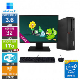 PC Lenovo M720s i3-8100 3.60GHz 32Go/1To SSD Wifi W11 + Ecran 19