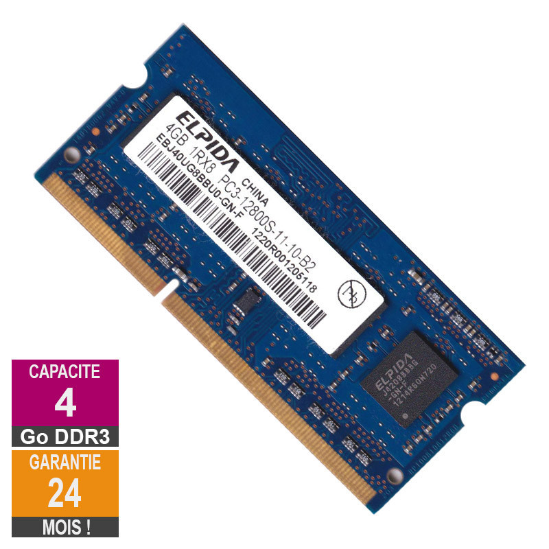 Barrette Mémoire 4Go RAM DDR3 Elpida EBJ40UG8BBU0-GN-F SO-DIMM PC3-12800 1600MHz 1Rx8 Barrette Mémoire 4Go RAM DDR3 Elpida...