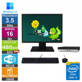 PC HP ProDesk 600 G4 Mini i5-8500T 3.50GHz 16Go/480Go SSD Wifi W11 + Ecran 19
