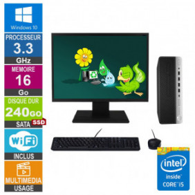 PC HP ProDesk 600 G3 SFF i5-7500T 3.30GHz 16Go/240Go SSD Wifi W10 + Ecran 19