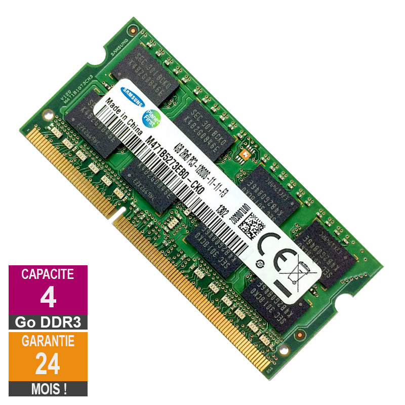 Barrette Mémoire 4Go RAM DDR3 Samsung M471B5273EB0-CK0 SO-DIMM PC3-12800 1600MHz 2Rx8 Barrette Mémoire 4Go RAM DDR3 Samsung...