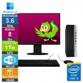 PC HP 600 G4 SFF i3-8100 3.60GHz 8Go/1To Wifi W11 + Ecran 19