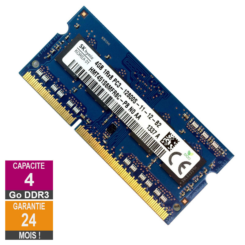 Barrette Mémoire 4Go RAM DDR3 Hynix HMT451S6MFR8C-PB SO-DIMM PC3-12800 1600MHz 1Rx8 Barrette Mémoire 4Go RAM DDR3 Hynix...