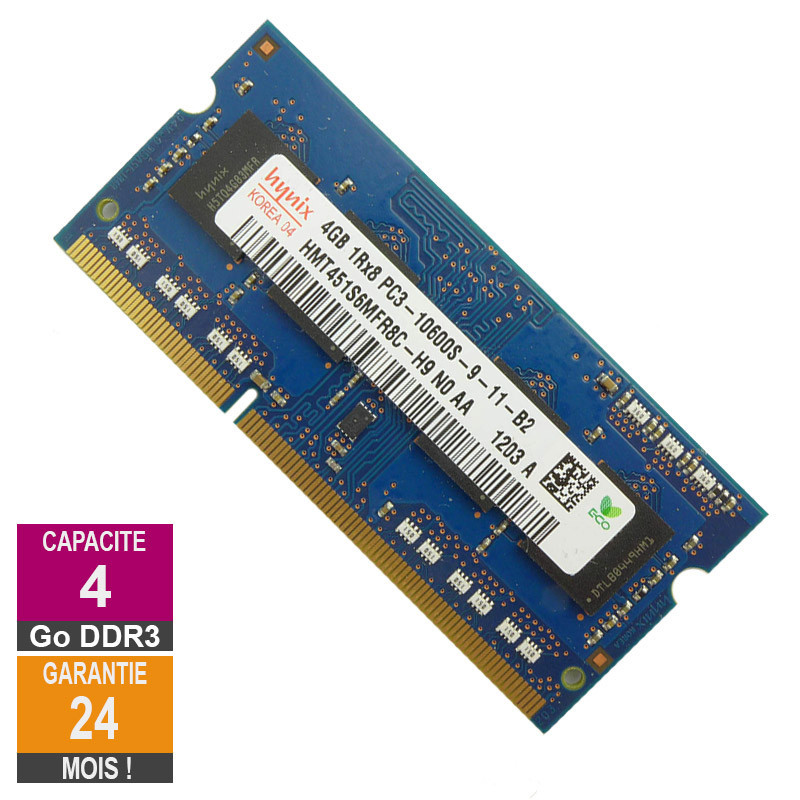 Barrette Mémoire 4Go RAM DDR3 Hynix HMT451S6MFR8C-H9 SO-DIMM PC3-10600 1333MHz 1Rx8 Barrette Mémoire 4Go RAM DDR3 Hynix...
