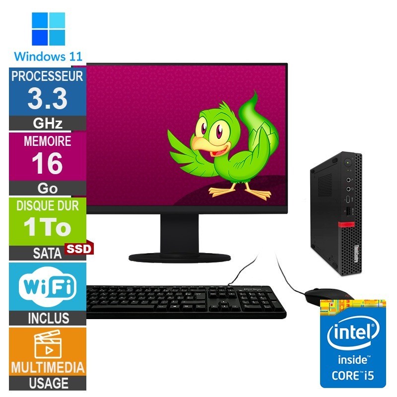PC Lenovo ThinkCentre M720q reconditionné - Intel Core i5-8400T - 16Go DDR4  - 1To SSD - Windows 11 Pro - Ecran 24p