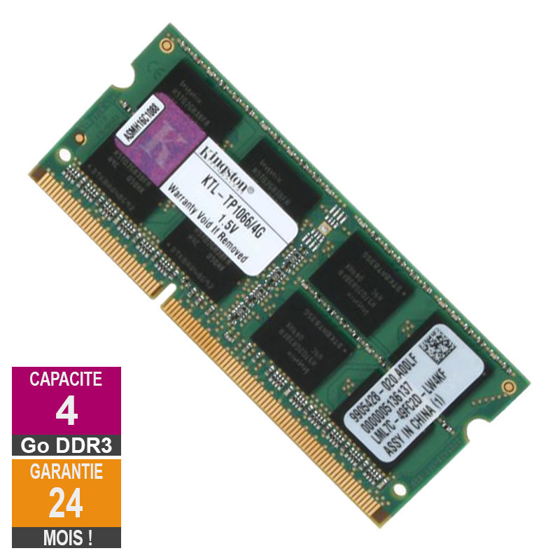 Barrette Mémoire 4Go RAM DDR3 Kingston KTL-TP1066/4G SO-DIMM PC3-8500 1066MHz 2Rx8 Barrette Mémoire 4Go RAM DDR3...