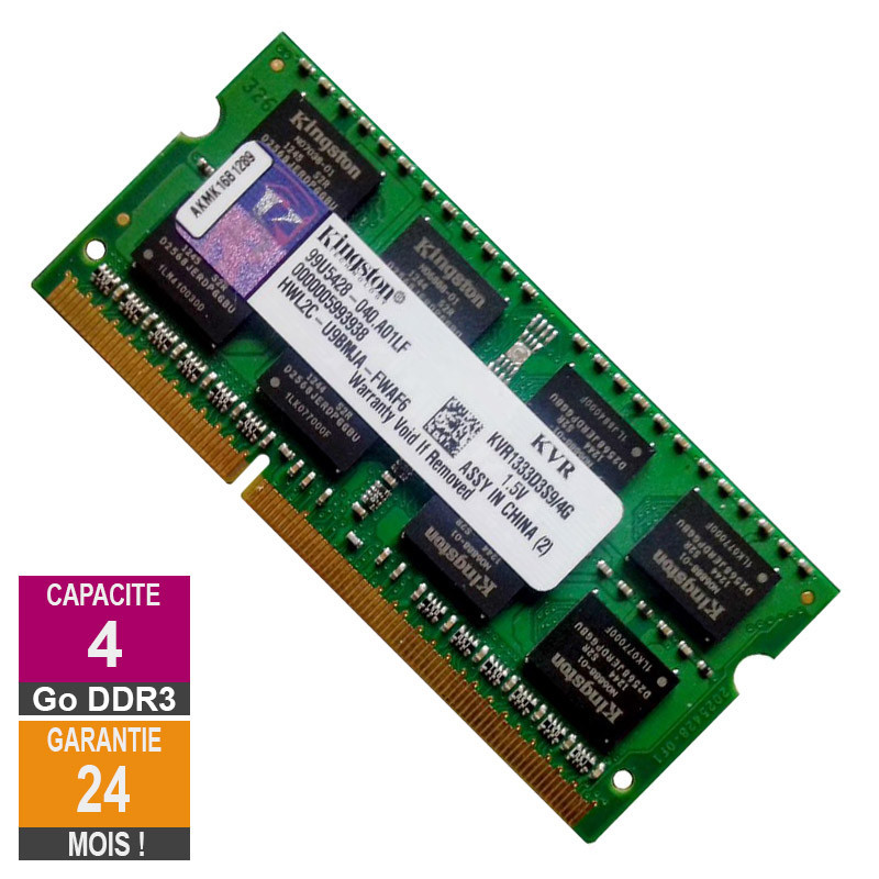 Barrette Mémoire 4Go RAM DDR3 Kingston KVR1333D3S9/4G SO-DIMM PC3-10600 1333MHz 2Rx8 Barrette Mémoire 4Go RAM DDR3...