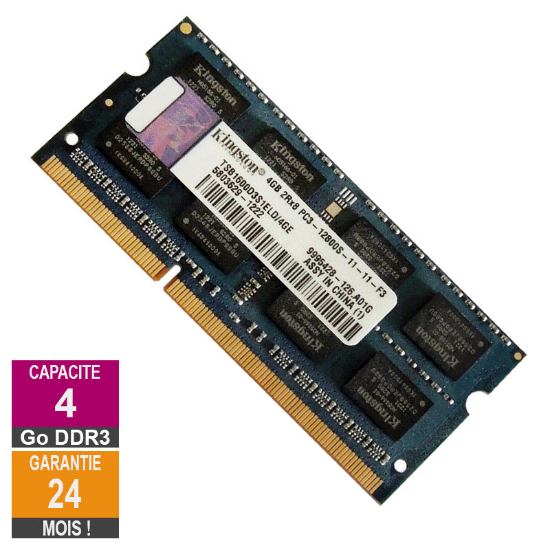 Barrette Mémoire 4Go RAM DDR3 Kingston TSB1600D3S1ELD/4GE SO-DIMM PC3-12800 1600MHz 2Rx8 Barrette Mémoire 4Go RAM DDR3...