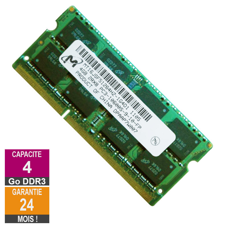 Barrette Mémoire 4Go RAM DDR3 Micron MT16JSF51264HZ-1G4D1 SO-DIMM PC3-10600 1333MHz 2Rx8 Barrette Mémoire 4Go RAM DDR3 Micron...