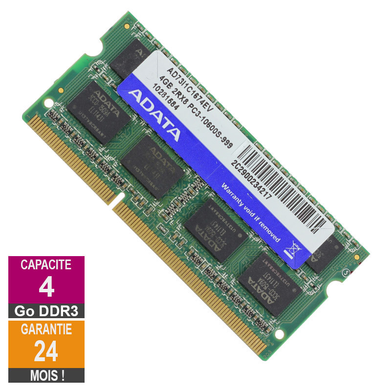 Barrette Mémoire 4Go RAM DDR3 Adata AD73I1C1674EV SO-DIMM PC3-10600 1333MHz 2Rx8 Barrette Mémoire 4Go RAM DDR3 Adata...