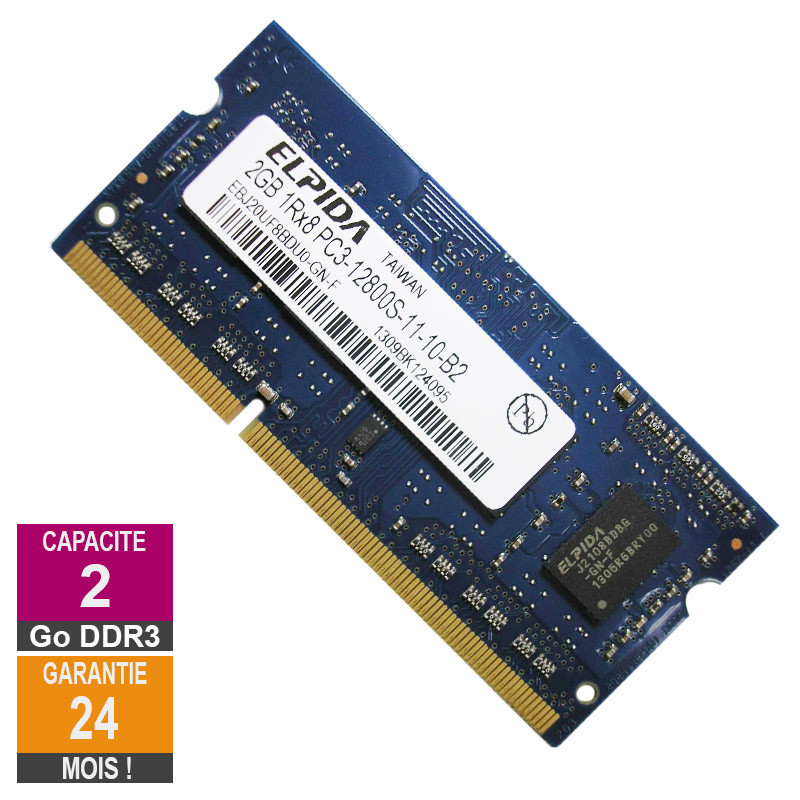 Barrette Mémoire 2Go RAM DDR3 Elpida EBJ20UF8BDU0-GN-F SO-DIMM PC3-12800 1600MHz 1Rx8 Barrette Mémoire 2Go RAM DDR3 Elpida...