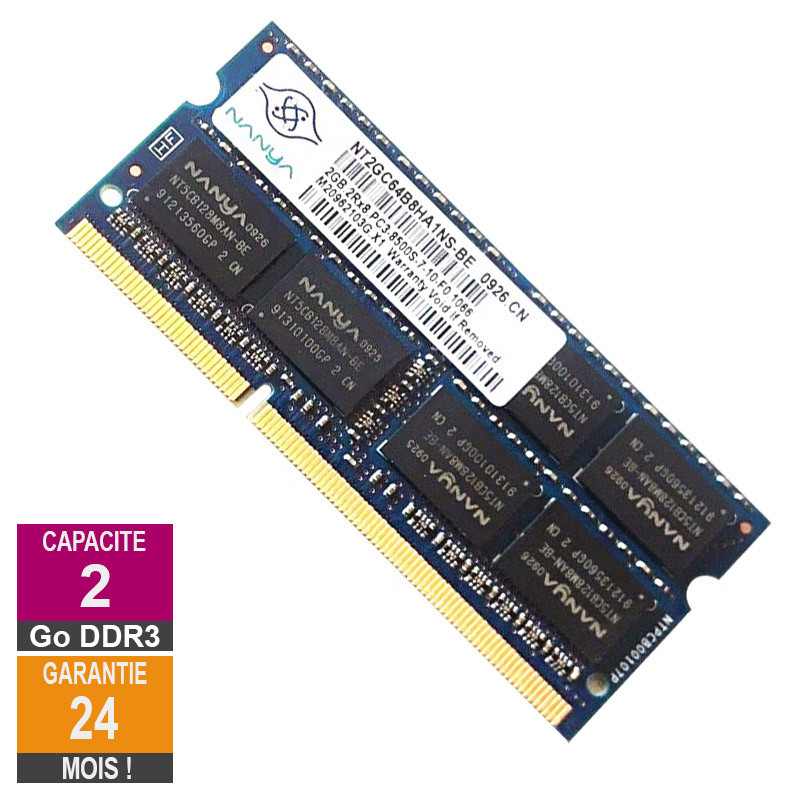 Barrette Mémoire 2Go RAM DDR3 Nanya NT2GC64B8HA1NS-BE SO-DIMM PC3-8500 1066MHz 2Rx8 Barrette Mémoire 2Go RAM DDR3 Nanya...