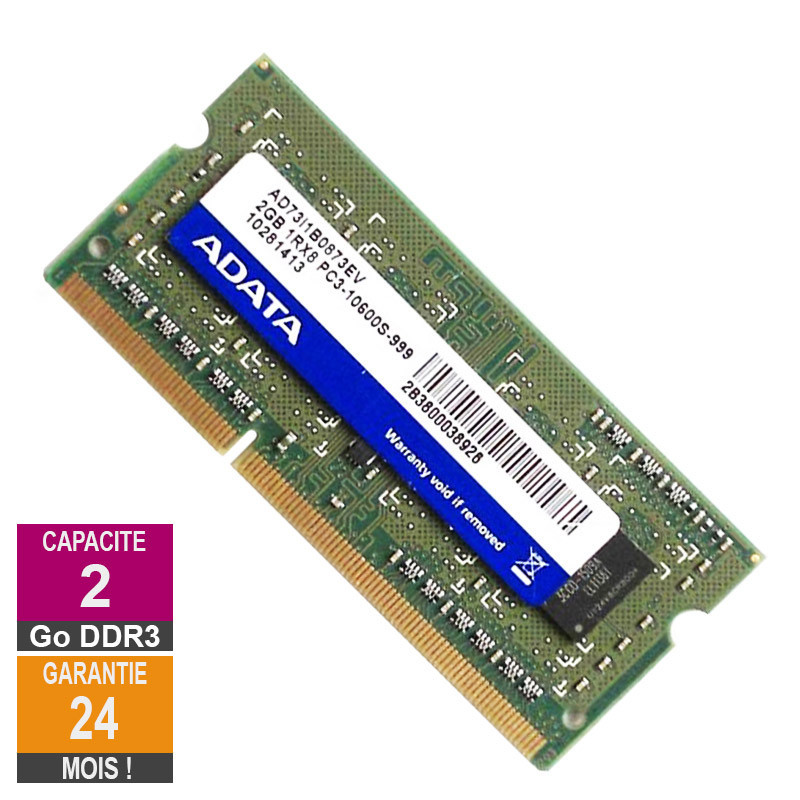 Barrette Mémoire 2Go RAM DDR3 Adata AD73I1B0873EV SO-DIMM PC3-10600 1333MHz 1Rx8 Barrette Mémoire 2Go RAM DDR3 Adata...