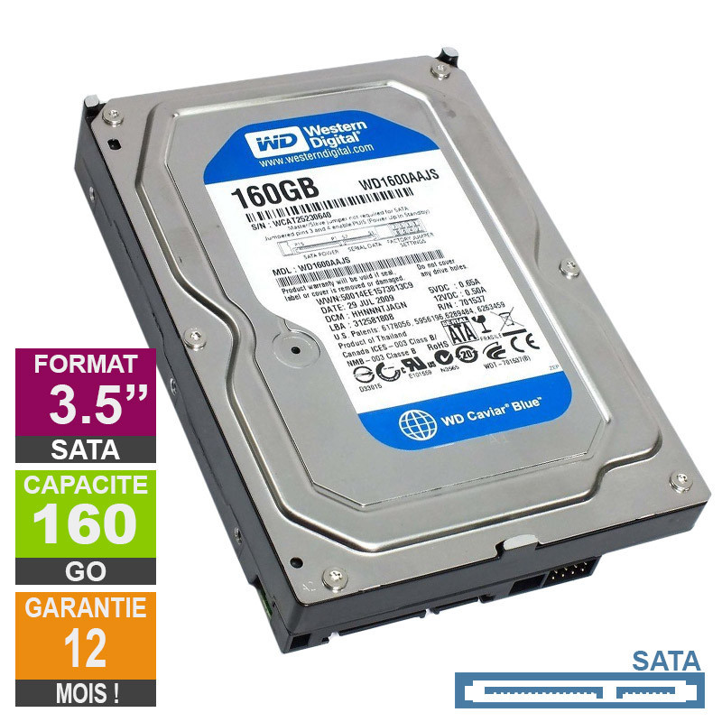 Disque Dur 160Go SATA 3.5 Western Digital Caviar Blue WD1600AAJS-22L7A0 7200rpm 8Mo Disque Dur 160Go SATA 3.5 Western...