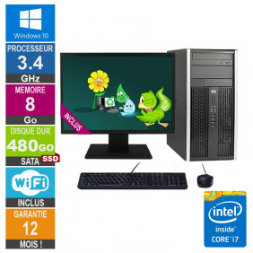 PC HP Pro 6300 MT Core i7-3770 3.40GHz 8Go/480Go SSD Wifi W10 + Ecran 19