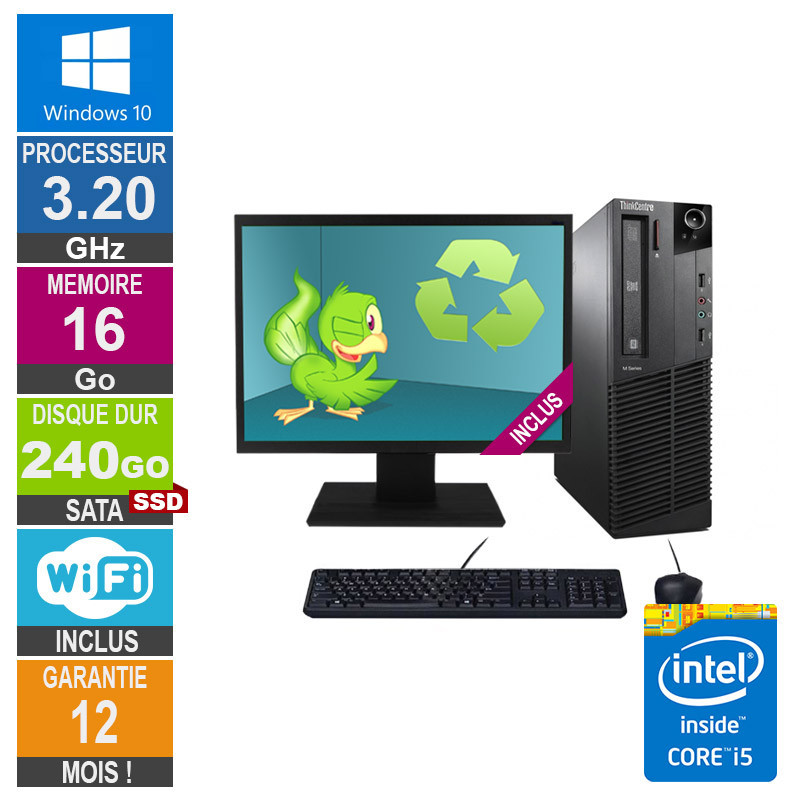 PC Lenovo M92p Core i5-3470 3.20GHz 16GB/240GB SSD Wifi W10 + Ecran 22 PC Lenovo M92p Core i5-3470 3.20GHz...